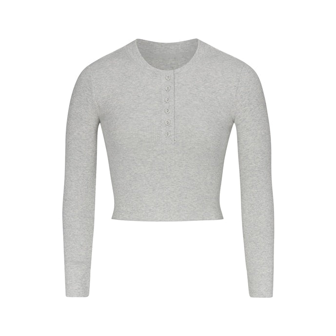 COTTON RIB LONG SLEEVE CROP HENLEY BODYSUIT LIGHT HEATHER GREY
