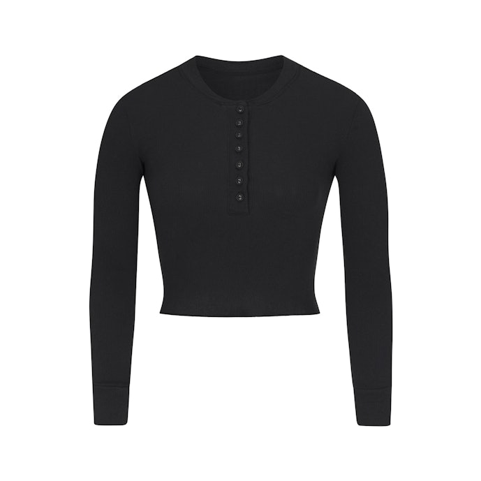 COTTON RIB LONG SLEEVE CROP HENLEY BODYSUIT SOOT