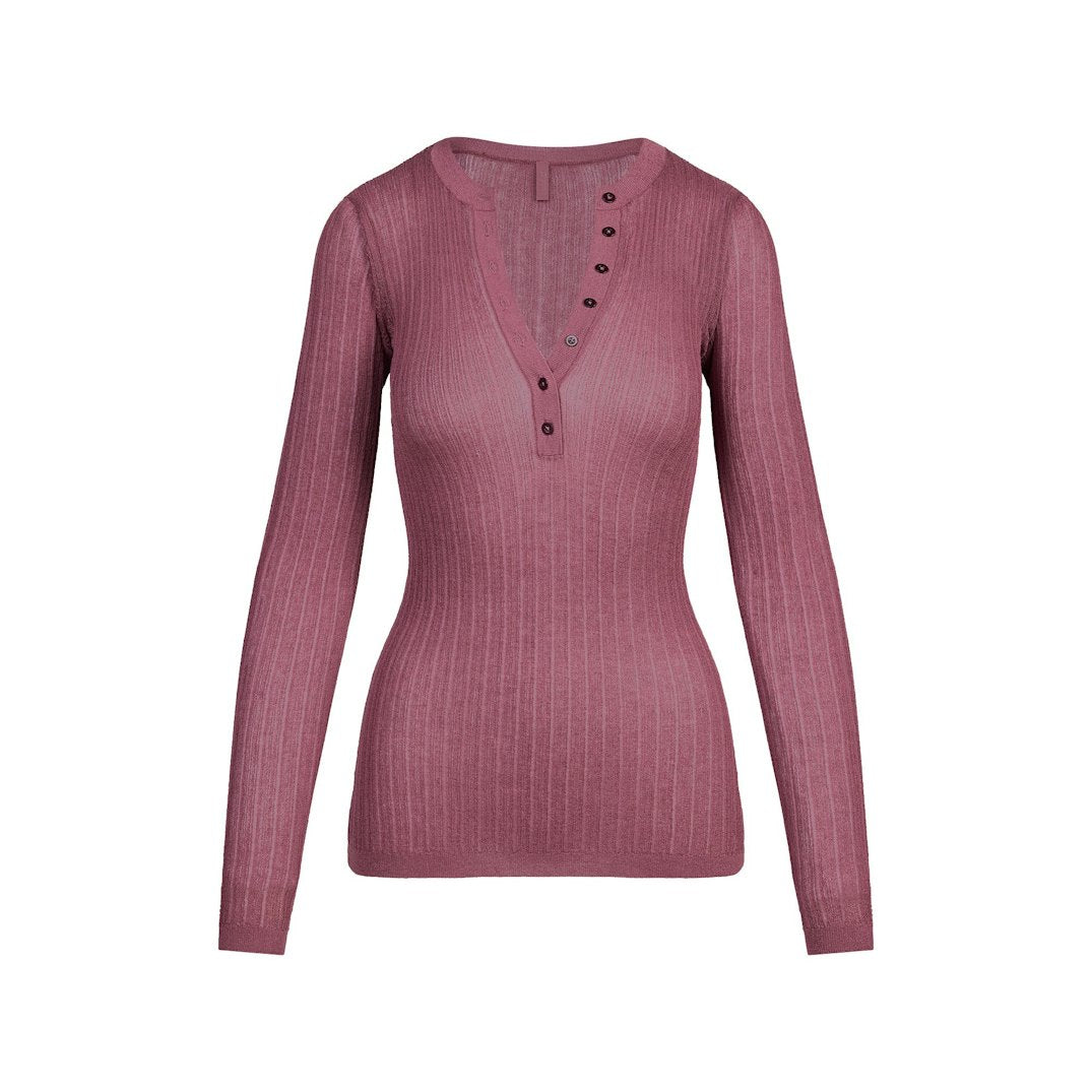Sheer Knit LONG SLEEVE HENLEY Beet
