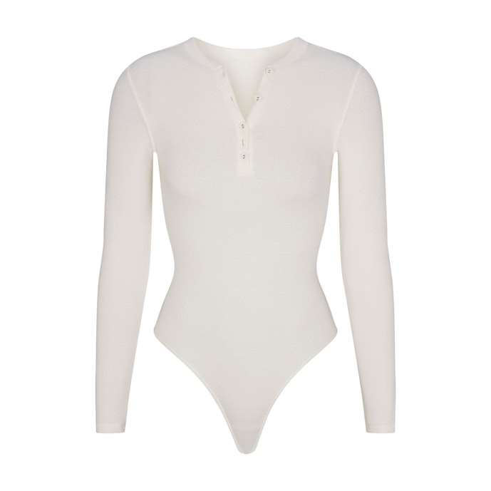 COTTON RIB LONG SLEEVE HENLEY BODYSUIT MARBLE