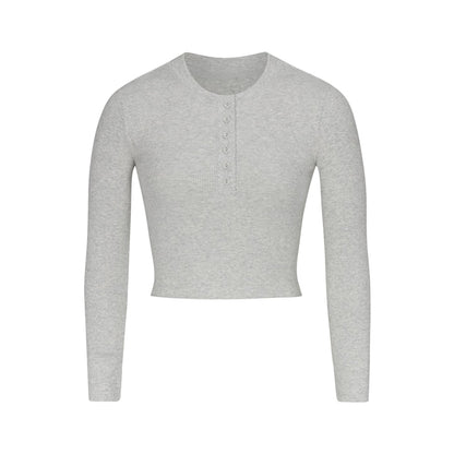 COTTON RIB LONG SLEEVE CROP HENLEY BODYSUIT LIGHT HEATHER GREY