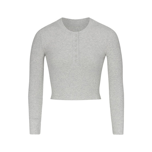 COTTON RIB LONG SLEEVE CROP HENLEY BODYSUIT LIGHT HEATHER GREY