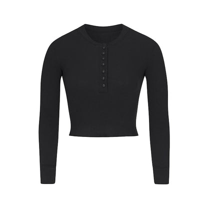 COTTON RIB LONG SLEEVE CROP HENLEY BODYSUIT SOOT