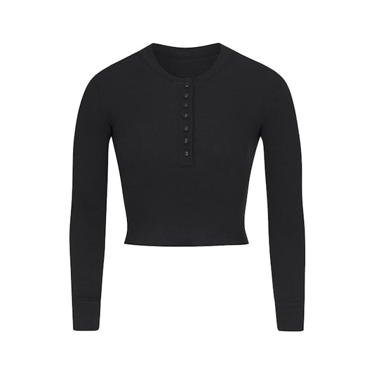 COTTON RIB LONG SLEEVE CROP HENLEY BODYSUIT SOOT