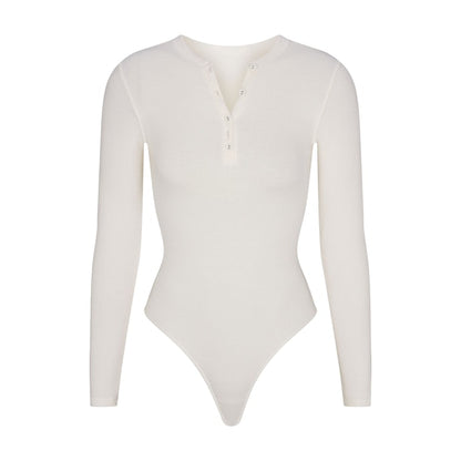 COTTON RIB LONG SLEEVE HENLEY BODYSUIT MARBLE