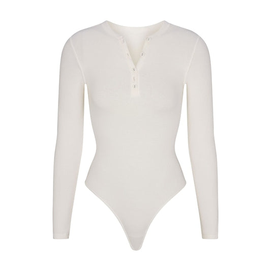COTTON RIB LONG SLEEVE HENLEY BODYSUIT MARBLE