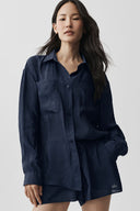 Semi-Sheer Golden Hour Button Down Long Sleeve Navy