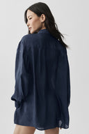 Semi-Sheer Golden Hour Button Down Long Sleeve Navy