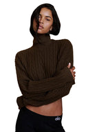 Cable Knit Cropped Winter Bliss Turtleneck Long Sleeve Espresso - Unmatched Kicks - ALO