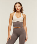 Colour Block Halter Neck Tank With Shelf Cool Brown/Pebble Grey - Unmatched Kicks - GYMSHARK