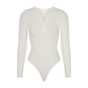 COTTON RIB LONG SLEEVE HENLEY BODYSUIT MARBLE - Unmatched Kicks - SKIMS
