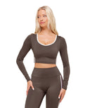 Piping Long Sleeve Crop Top body fit Walnut Brown/Chestnut Pink/Soft White - Unmatched Kicks - GYMSHARK