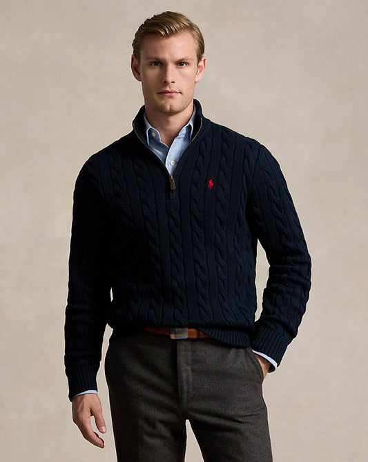 Cable-Knit Cotton Quarter-Zip Sweater Hunter Navy