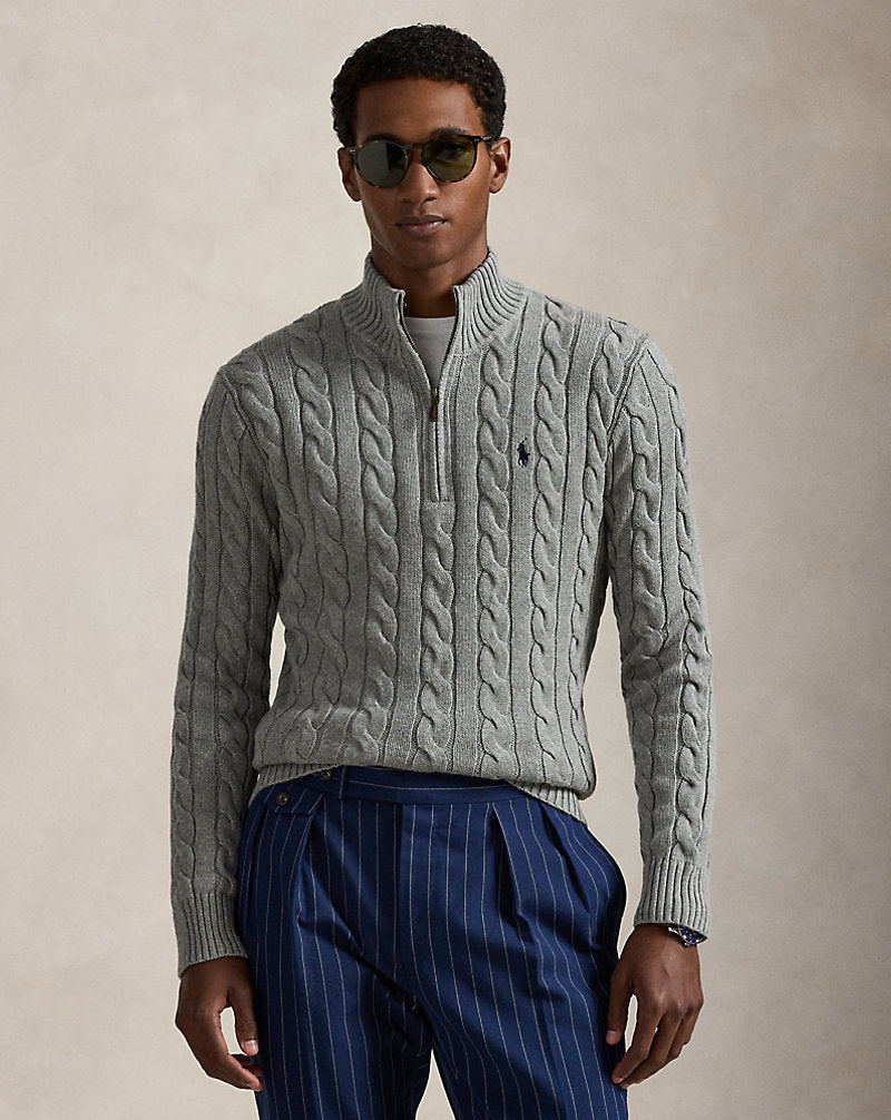 Cable-Knit Cotton Quarter-Zip Sweater Fawn Grey Heather