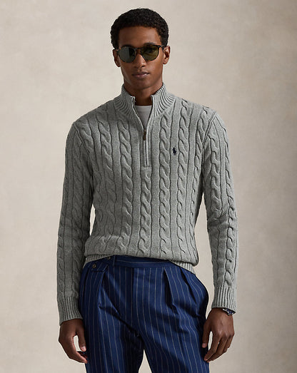 Cable-Knit Cotton Quarter-Zip Sweater Fawn Grey Heather