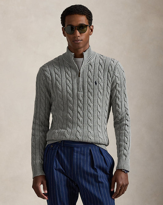 Cable-Knit Cotton Quarter-Zip Sweater Fawn Grey Heather