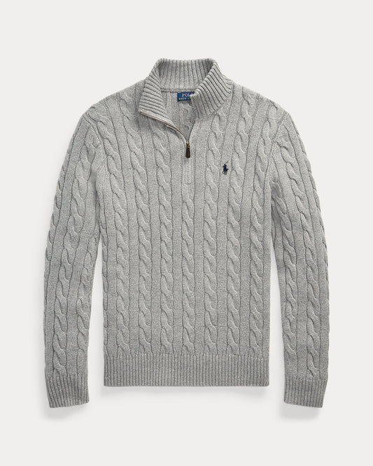 Cable-Knit Cotton Quarter-Zip Sweater Fawn Grey Heather