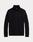 Cable-Knit Cotton Quarter-Zip Sweater Polo Black