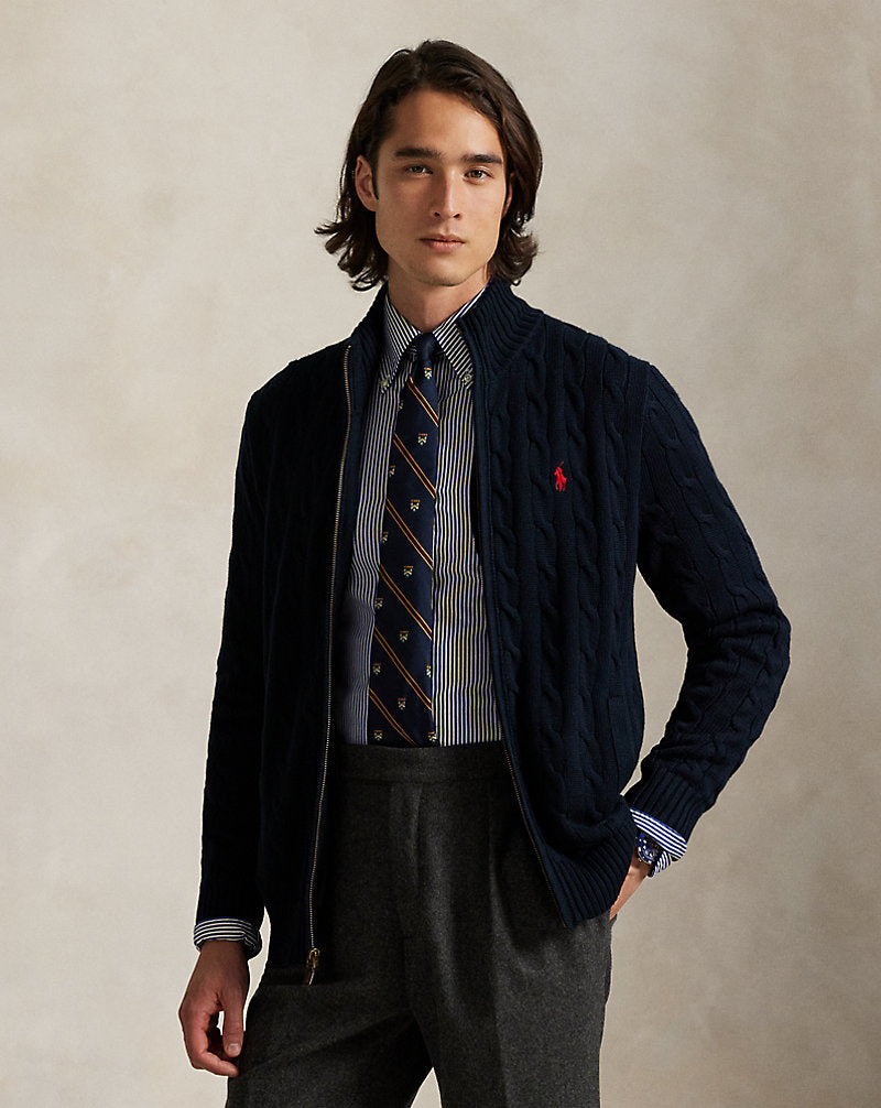 Cable-Knit Cotton Full-Zip Sweater Hunter Navy
