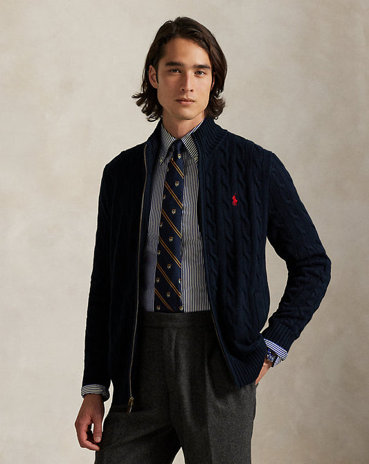 Cable-Knit Cotton Full-Zip Sweater Hunter Navy
