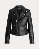 Sheepskin Leather Moto Jacket Polo Black