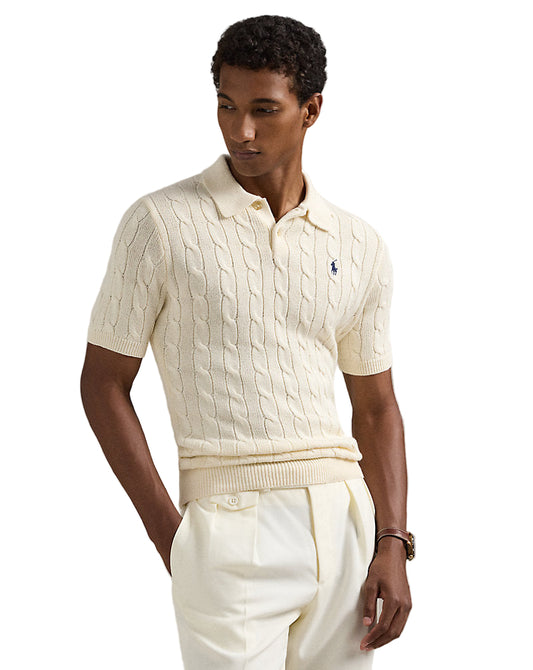 Cable-Knit Cotton Polo-Collar Sweater Andover Cream