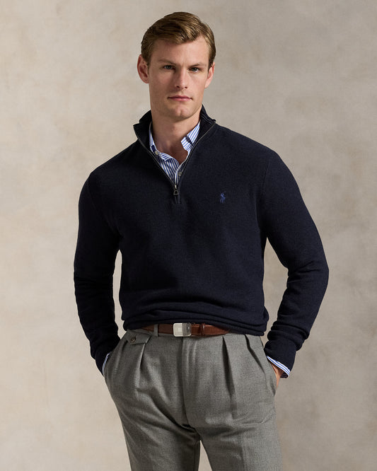 Mesh-Knit Cotton Quarter-Zip Sweater Navy Heather