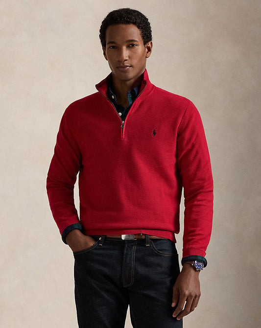 Mesh-Knit Cotton Quarter-Zip Sweater Park Ave Red