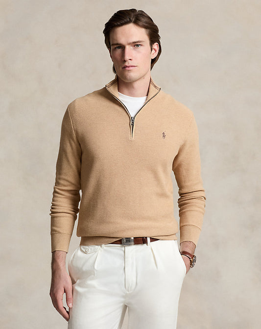 Mesh-Knit Cotton Quarter-Zip Sweater Camel Melange