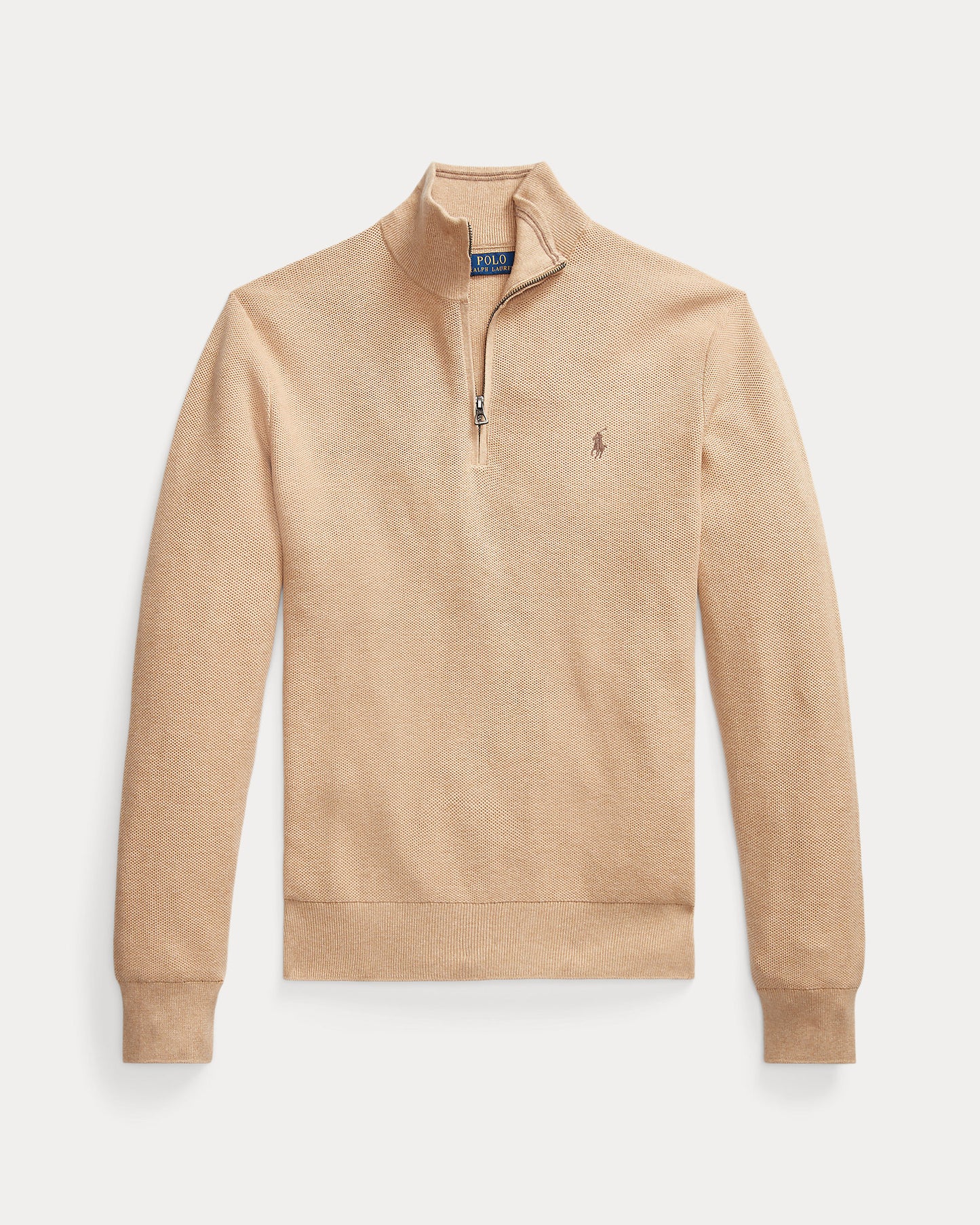 Mesh-Knit Cotton Quarter-Zip Sweater Camel Melange