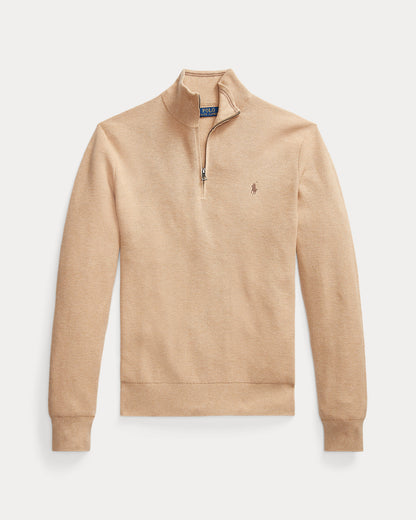 Mesh-Knit Cotton Quarter-Zip Sweater Camel Melange