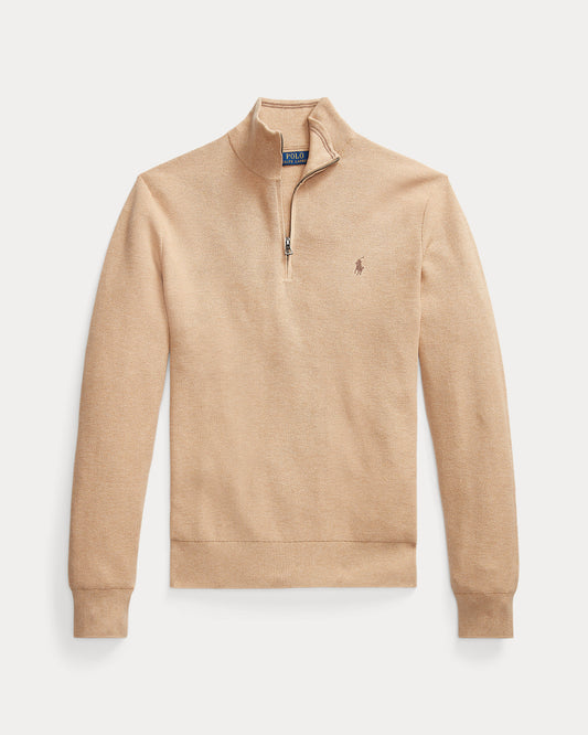 Mesh-Knit Cotton Quarter-Zip Sweater Camel Melange