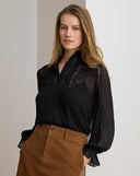 Lace-Trim Crinkle Georgette Blouse Black