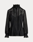 Lace-Trim Crinkle Georgette Blouse Black