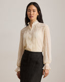 Lace-Trim Crinkle Georgette Blouse Mascarpone Cream