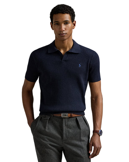 Rib-Knit Cotton Johnny-Collar Sweater Navy Heather