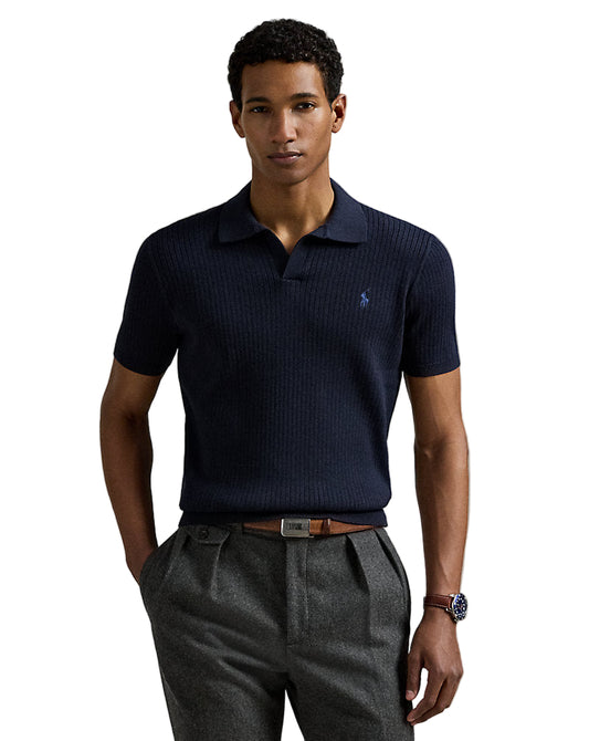 Rib-Knit Cotton Johnny-Collar Sweater Navy Heather