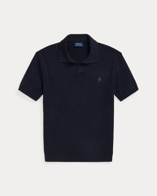 Rib-Knit Cotton Johnny-Collar Sweater Navy Heather