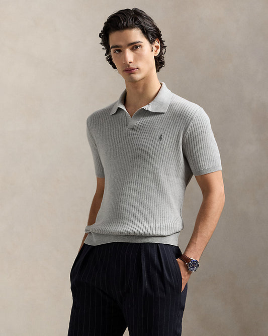 Rib-Knit Cotton Johnny-Collar Sweater Andover Heather