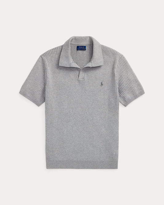 Rib-Knit Cotton Johnny-Collar Sweater Andover Heather