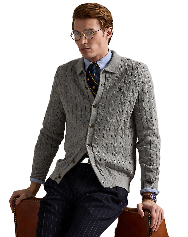 Cable-Knit Cotton Cardigan Fawn Grey Heather