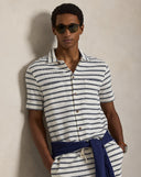 Striped Pointelle-Ribbed Camp Shirt Pale Cream/Newport Navy