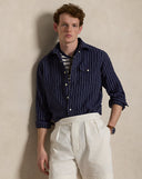 Classic Fit Striped Linen Shirt Navy White