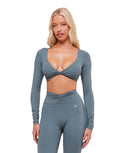 Twist Front Long Sleeve Crop Top body fit Iron Blue - Unmatched Kicks - GYMSHARK