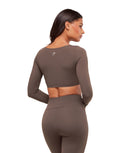 Twist Front Long Sleeve Crop Top body fit Iron Walnut Brown - Unmatched Kicks - GYMSHARK