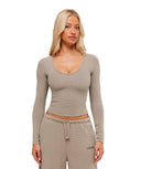 Waffle Long Sleeve Top body fit Lifestyle Brown - Unmatched Kicks - GYMSHARK