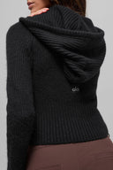 Wool Cashmere Ribbed Noble Full Zip Hoodie Black - Unmatched Kicks-ALO